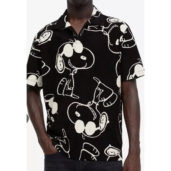 H&M Exclusive Mens SMALL Black Peanuts Snoopy Terry Cloth Pullover Polo SHIRT - Picture 2 of 8
